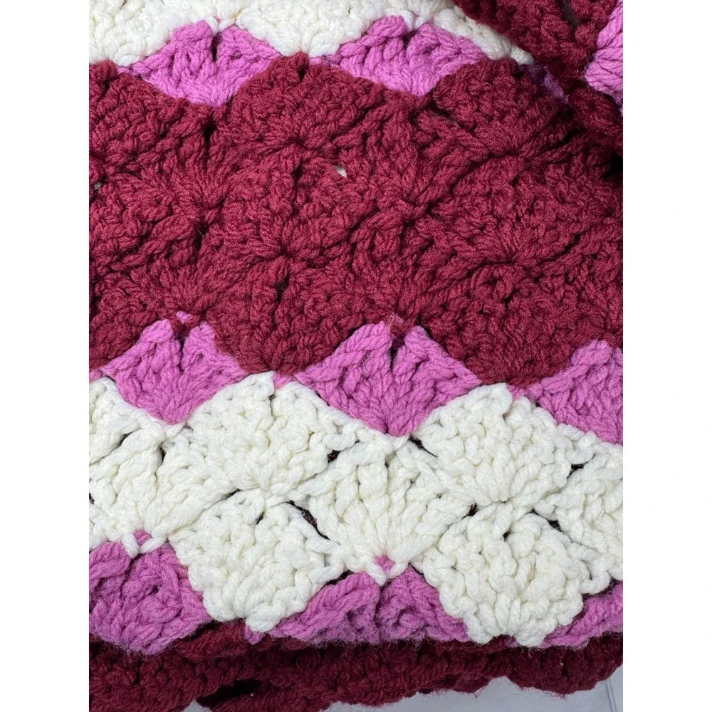 Handmade Crochet Shell Stitch Blanket Burgundy Pink Cream Scalloped Throw 60x50